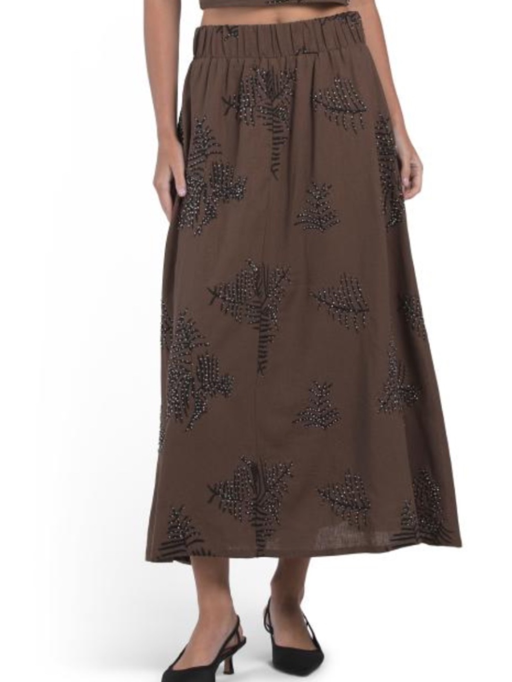 NWT MAGASCHONI BROWN linen blend pull on embroidered midi skirt Size US L